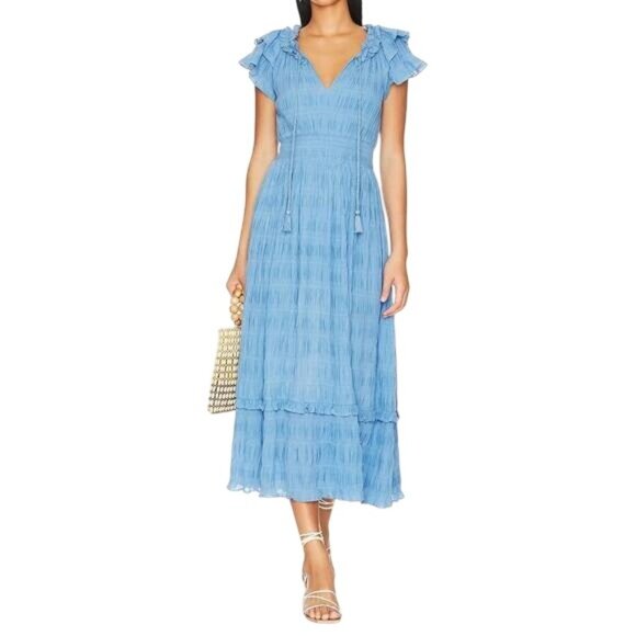 Cleobella Sky Blue Santana Ruffle Ankle Dress Short Sleeve Womens XSmall NEW
